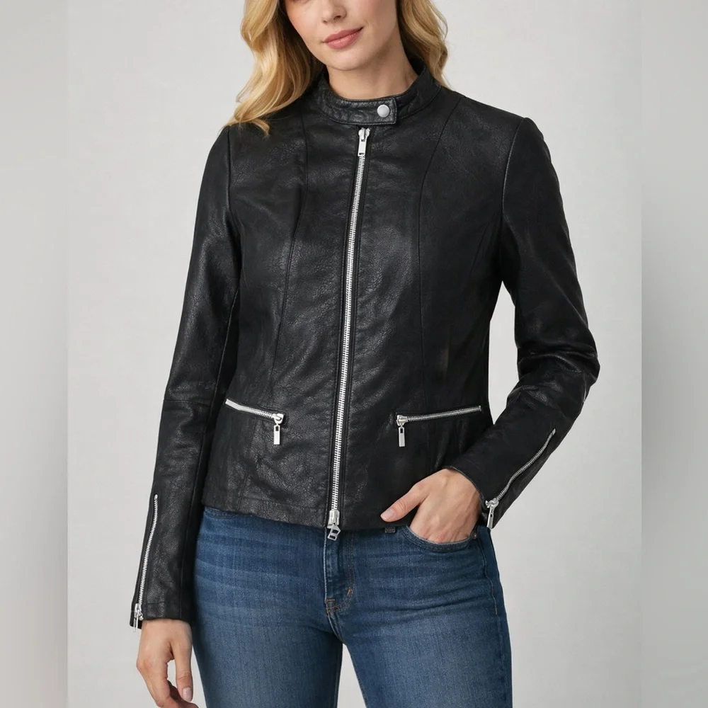 Wilsons Leather Women’s Black Moto Jacket Silver Zippers Medium